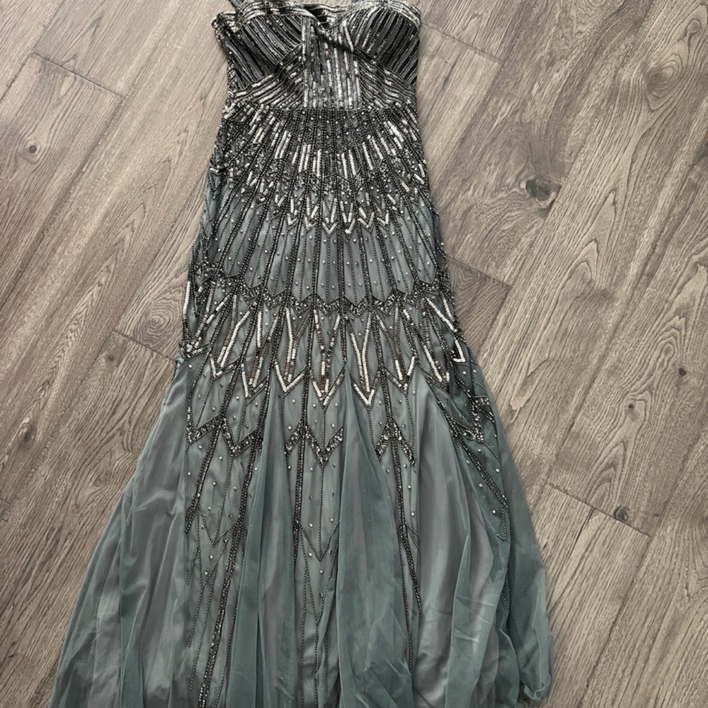 Adrianna Papell Beaded Halter Gown in Dusty Teal and Silver - Picture 7 of 9